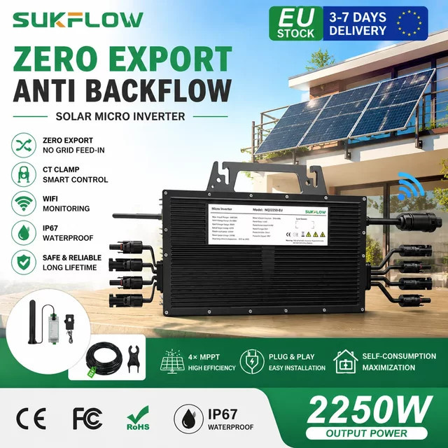 Sukflow Solar-Mikrowechselrichter 2250W in Schwarz mit 4 MPPT, Null-Export und Rückflussverhinderung, netzgekoppelt mit WLAN-App-Steuerung und IP67 wasserdicht für Balkon-PV-Systeme - Bild 1