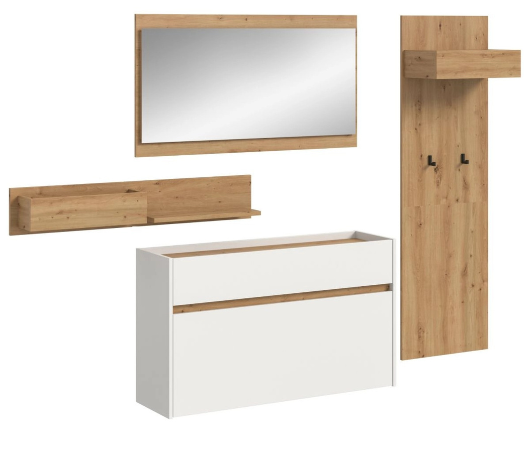 4-tlg. Garderobe Set Borga von Inn.Furn in Weiß und Eiche mit Spiegel, Bank, Schuhschrank und Paneel, Höhe: 205 cm - Bild 4