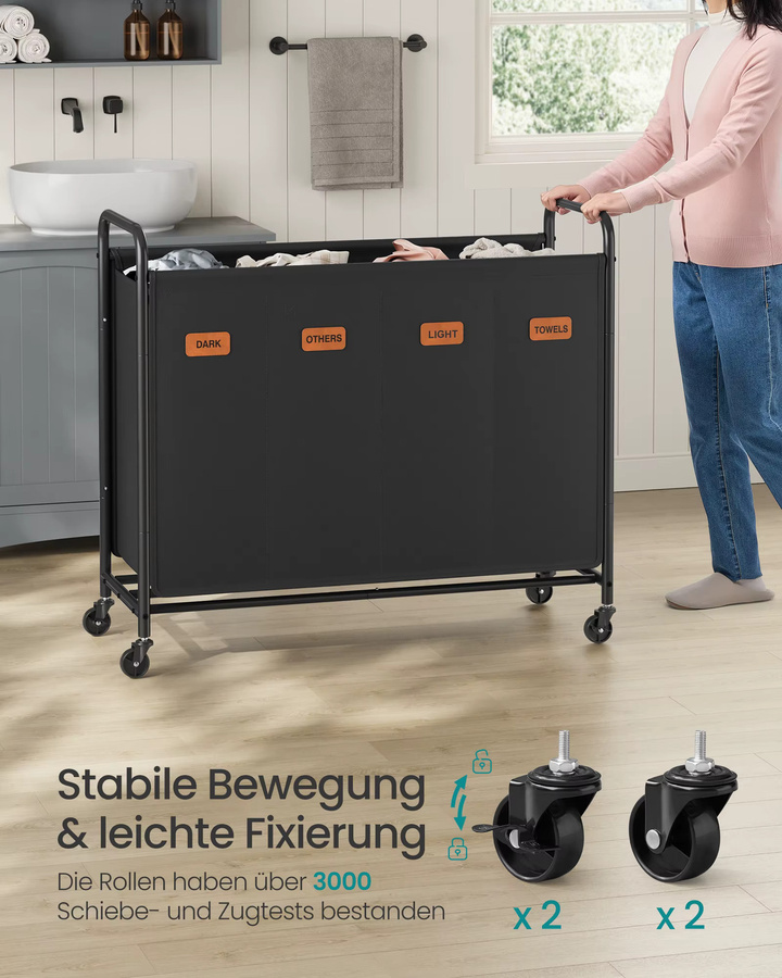SONGMICS Wäschesammler mit 4 Fächern und Rollen, 200L Wäschewagen aus Stoff, schwarz - Bild 4