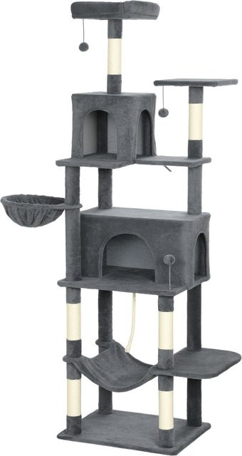 PawHut Kratzbaum für Katzen in Dunkelgrau mit 6 Sisal-Stämmen, 2 Höhlen, 2 Schlafplätzen, Hängematte und Spielzeug, Höhe: 202 cm - Bild 1