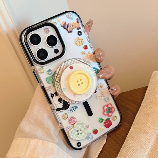 MUQGEW Magnetische iPhone Handyhülle mit Koreanischem Graffiti 3D-Gittermuster und Knopfhalterung, Transparent, Stoßfest - Bild 1