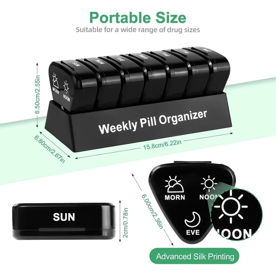 Wöchentlicher Pillen-Organizer für 7 Tage mit 3 Einteilungen pro Tag, kompakte Pillendose in Schwarz und Multicolour, B/T/H: 15,8 x 6,5 x 4,2 cm - Bild 5