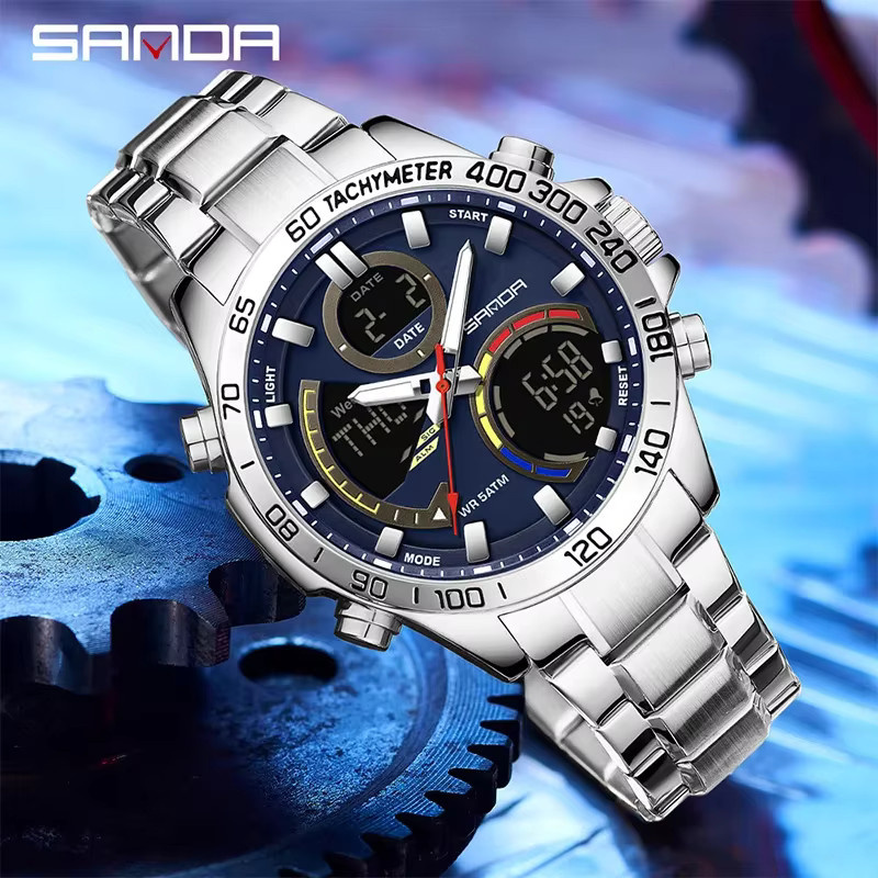 SANDA Armbanduhr Digital, Quarz, Edelstahl, Schwarz, Herren - Bild 3