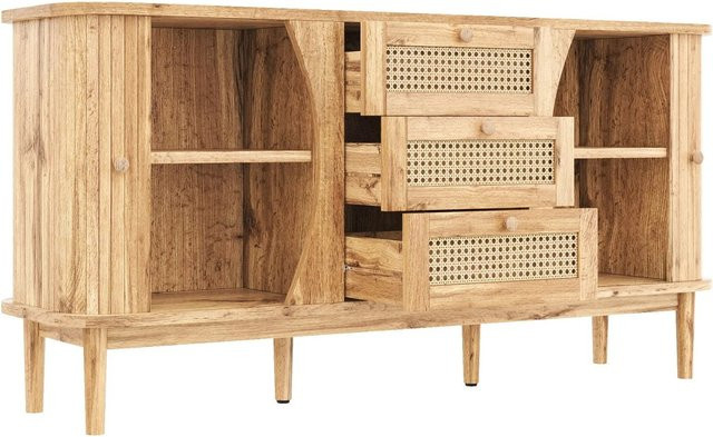 okwish Sideboard mit Schiebetüren und Rattan-Elementen in Braun, B/T/H: 140,5 x 40 x 76 cm - Bild 1