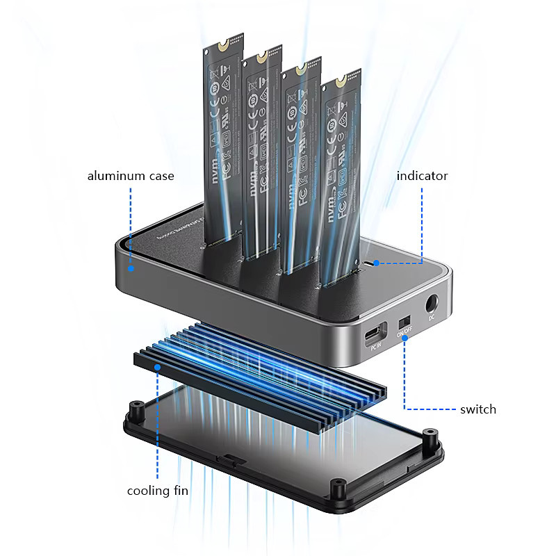 Blueendless 4-Bay M.2 NVMe/SATA SSD-Dockingstation mit USB-C Typ C, USB 3.1 10 Gbit/s, Dual-Protokoll für NVMe PCIe und SATA NGFF, Aluminium-Gehäuse - Bild 4