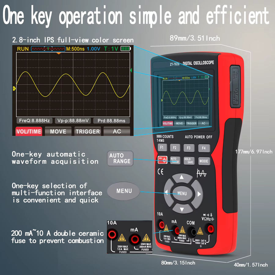 ZOYI Handoszilloskop-Multimeter ZT702S 2-in-1 Messgerät mit Überlastschutz für Kfz-Reparaturen - Bild 2
