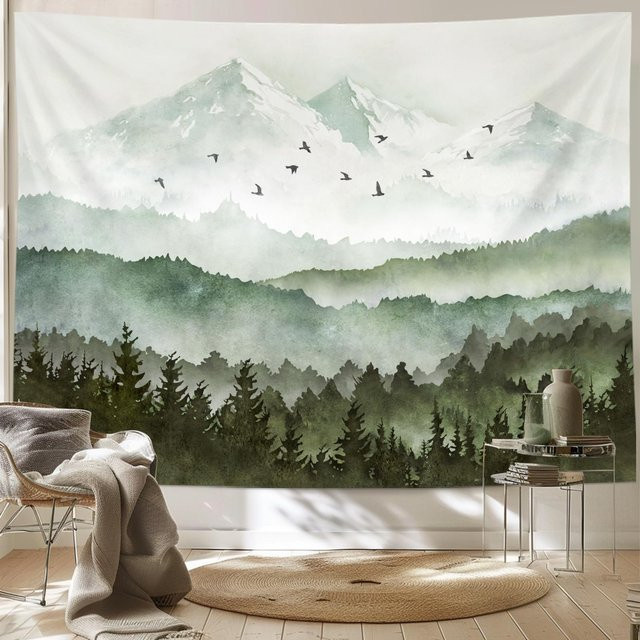 Bergwald-Wandteppich mit Bär und nebliger Aquarell-Landschaft von JMG Household Supplies, Mehrfarbig, Breite: 70 cm, Höhe: 100 cm - Bild 1