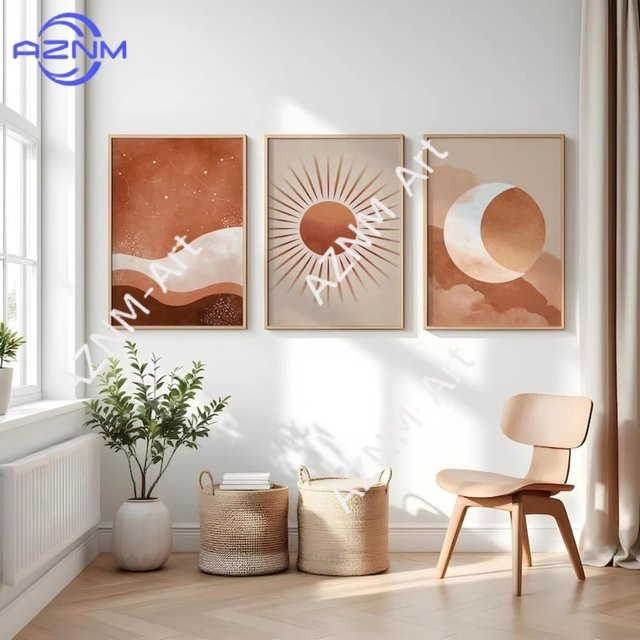 AZNM Bohemian Wandkunstdrucke mit Sonne und Mond, abstrakte Poster im minimalistischen Design für deine Wanddekoration - Bild 1