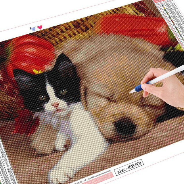 Diamond Painting Set FIYO mit Katzen- und Hundemotiv als Mosaik-Stickerei für die Wanddekoration, Multicolour, Breite: 30 cm, Höhe: 20 cm - Bild 1