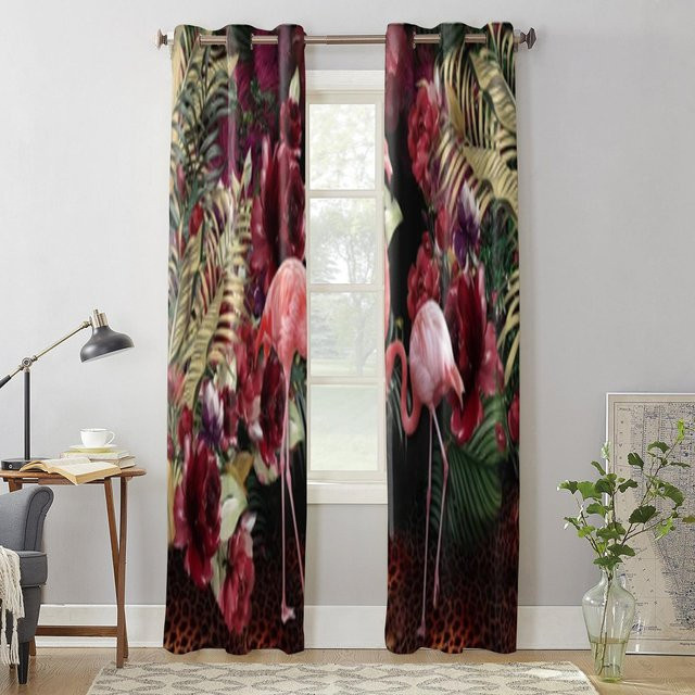Dekorativer Flamingo Blumen Vorhang von Super Six in Grau mit botanischem Design, halbtransparent, Breite: 135 cm, Höhe: 60 cm - Bild 1