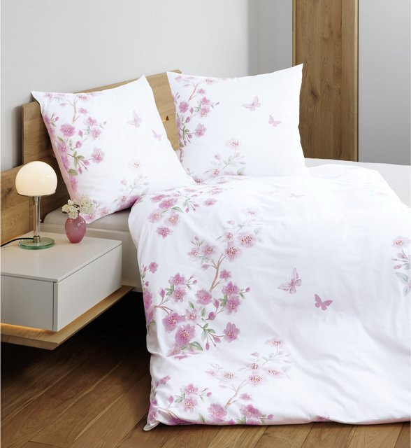 Janine Mako-Satin Bettwäsche aus Baumwolle Moments mit floralem Vintage-Design in Blau, Grün, Lila und Weiß - Bild 1