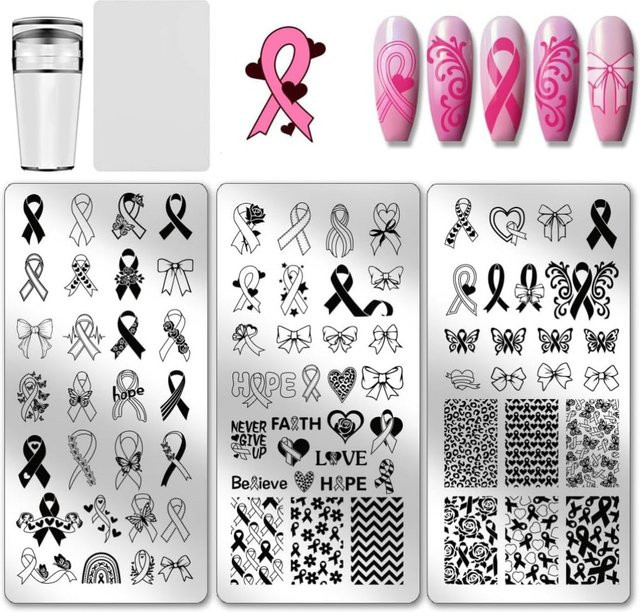 3 Stück Nagelstempelplatte Edelstahl, rosa Banddruck, mit Stempel und Kratzer - Bild 1