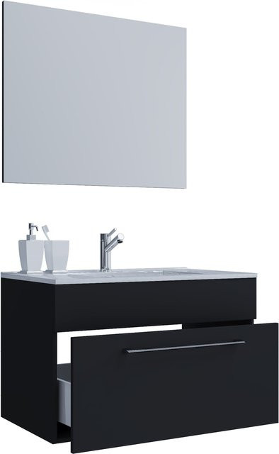 VCM Badinos 3-tlg. Badmöbel Set hängend in Schwarz mit Keramik-Waschtisch und Spiegel B/H/T: 80 x 50 x 46 cm - Bild 1