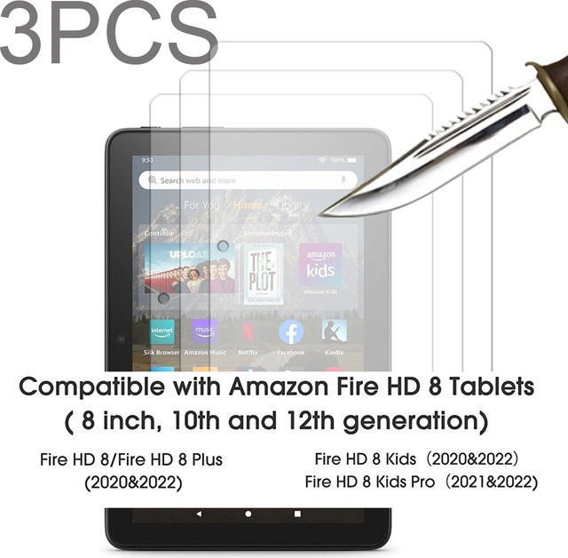 3er-Pack Ropada Glas-Displayschutzfolie für Fire HD 8 Plus Kids Pro (10. und 12. Generation, 2020 und 2022 Release), 8 Zoll Tablet-Schutzfolie, transparent - Bild 1