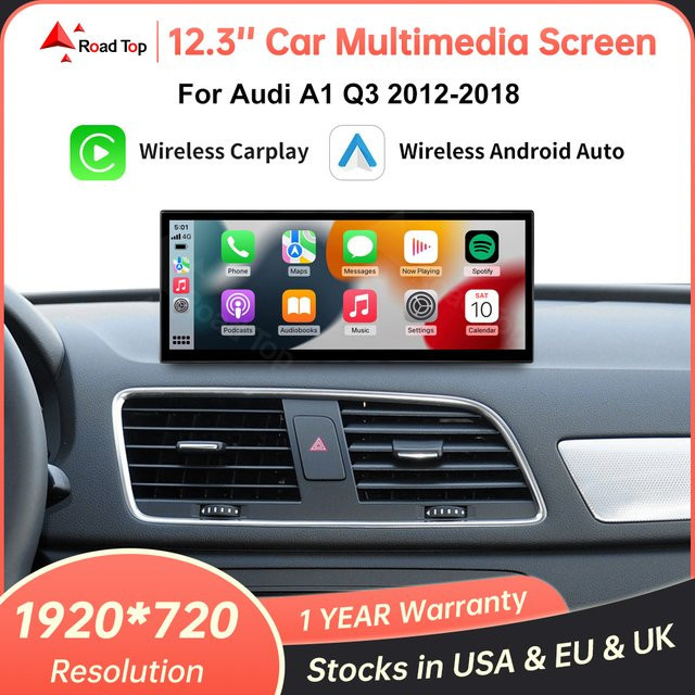 Road Top Linux Multimedia Display für Audi A1 und Q3 (2012-2018) mit 12,3 Zoll Bildschirm, Wireless CarPlay, Android Auto und Airplay, Schwarz - Bild 1