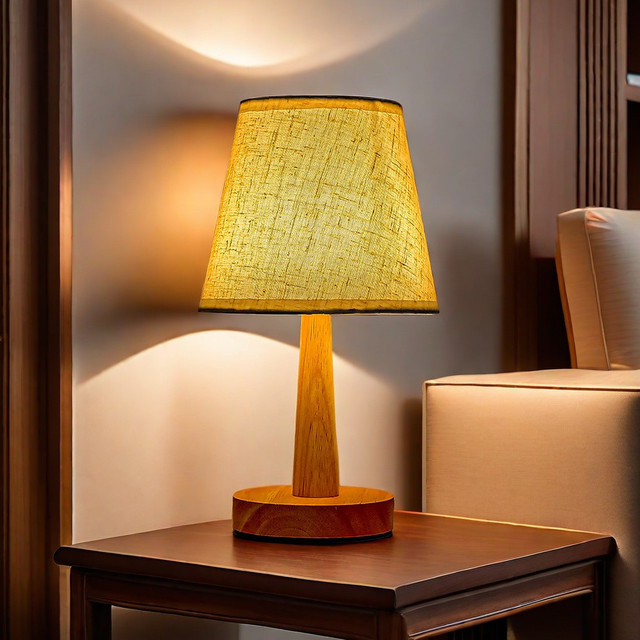 Lyfs LED Tischlampe im Retro-Japanischen Stil mit Holz und Stoffschirm für Wohnzimmer und Schlafzimmer, Warmweiß - Bild 1