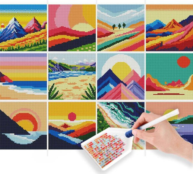 HUACAN 12er Set Mini-Diamantgemälde mit Cartoon-Sonnenuntergang-Motiv, rundes Mosaik in Multicolor zur modernen Heimdekoration - Bild 1