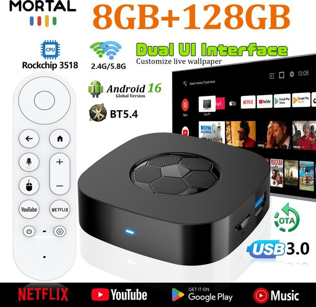 Mortal T1 Ultra TV-Box mit Rockchip RK3518, 2 GB RAM, 128 GB Speicher, WiFi 6, Bluetooth 5.4, 8K-Dekodierung, HDR und Android 16 in Schwarz - Bild 1