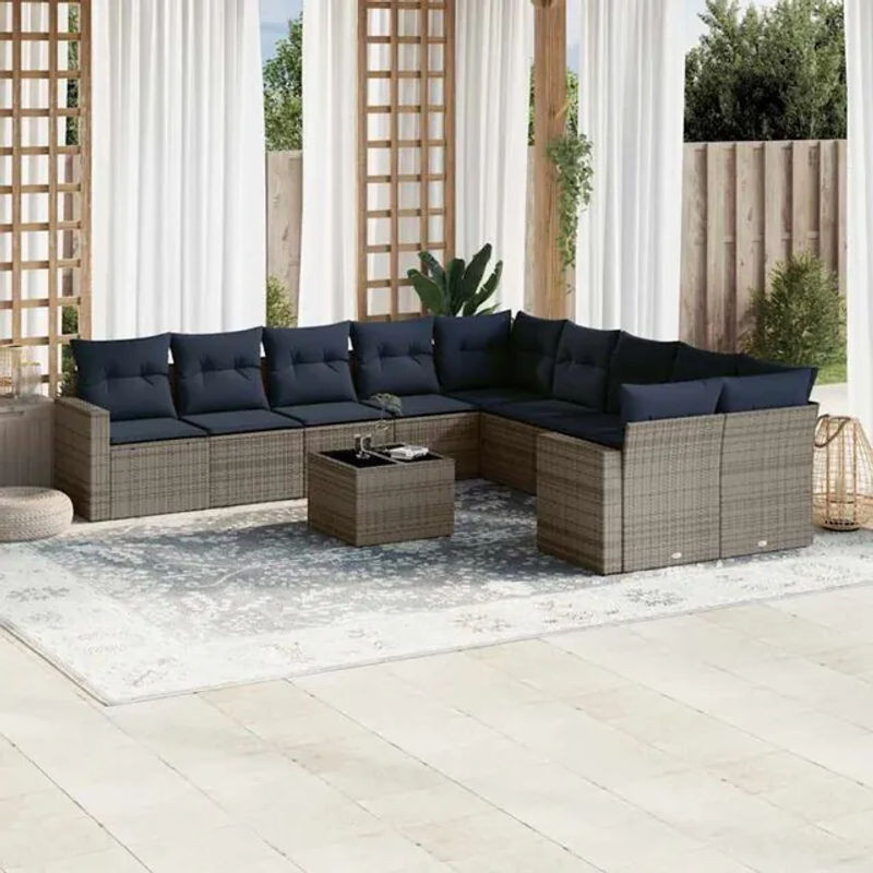 11-teilige moderne Garten-Sofagarnitur aus Poly-Rattan mit Kissen in Grau von vidaxl - Bild 1