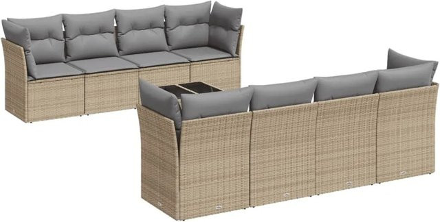 vidaXL 9-teilige Garten-Sofagarnitur in U-Form aus PE-Rattan und pulverbeschichtetem Stahl mit Kissen in Beige-Grau - Bild 1