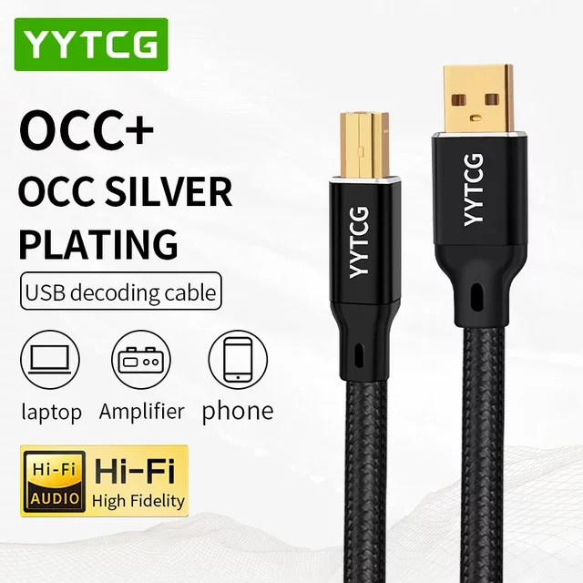YYTCG USB DAC Datenkabel mit OCC versilberten und vergoldeten Kontakten, geschirmtes Audio-Kabel für DAC, Verstärker und Audio-Interface, verfügbar als USB-A auf B, USB-C auf B oder USB-C auf C in Schwarz, Silber und Gold - Bild 1