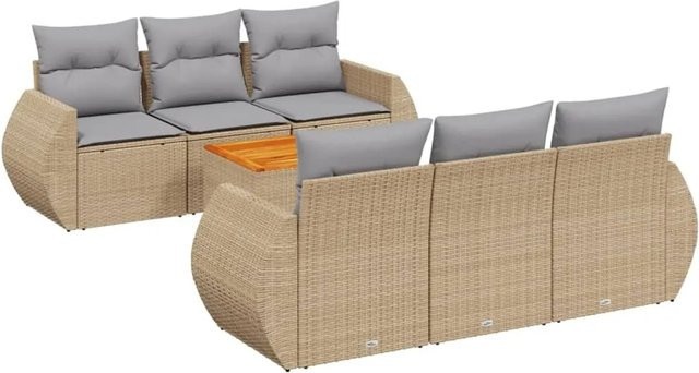 vidaXL 7-tlg Garten-Sofagarnitur in L-Form aus Poly-Rattan mit Kissen in Beige - Bild 1