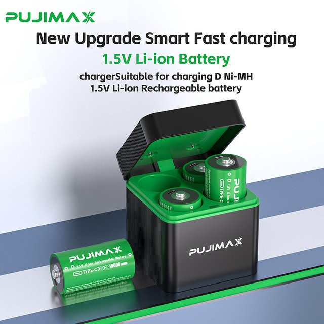 PUJIMAX Wiederaufladbare D-Größe Batterien LR20 mit 4-Slot-Ladegerät, 1,5V Li-Ionen Akku-Set, 10000mWh, Farbe: Grün - Bild 1