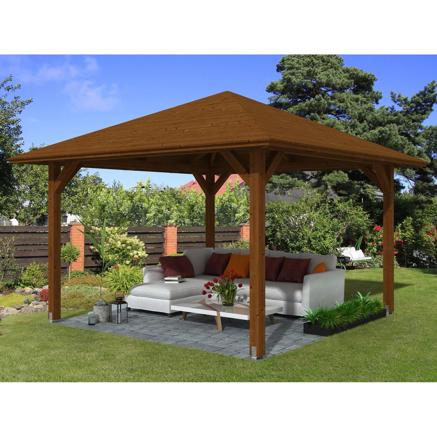 Skan Holz Pavillon Cannes 2 aus Fichte mit Zeltdach in Nussbaum braun, B/T/H: 439 x 439 x 329 cm - Bild 2