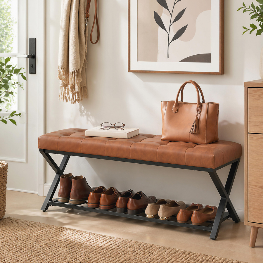 HOMCOM Schuhbank mit Sitzfläche und Schuhregal aus Kunstleder in Braun, Industriestil mit Stahlrahmen, B/T/H: 112 x 37 x 47 cm - Bild 2