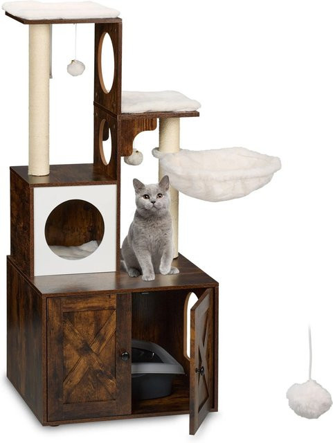 Relaxdays Kratzbaum im Industrial-Design mit Katzenklo-Schrank, Höhle und Spielzeug, MDF, Weiß/Braun, H: 128 cm, B: 95 cm, T: 52 cm - Bild 1