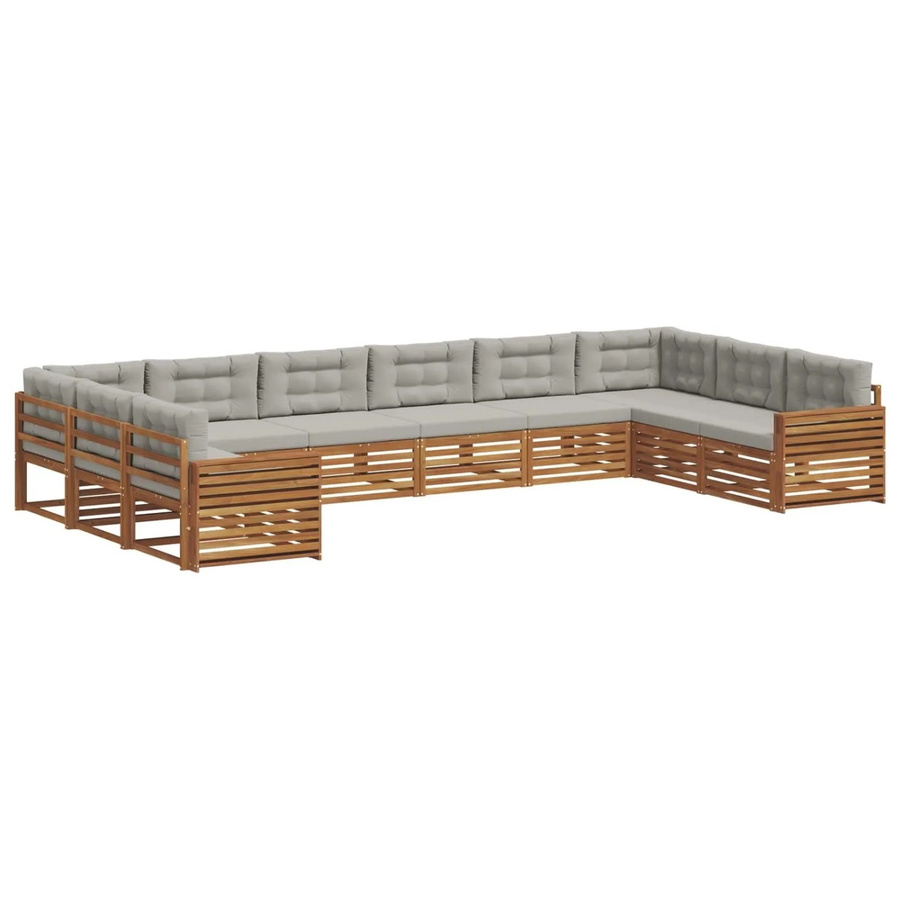 vidaXL Sofagarnitur aus Massivholz Akazie in Natur und Hellgrau, 10-teiliges U-Form Sofa-Set mit Polstern und Kissen - Bild 2