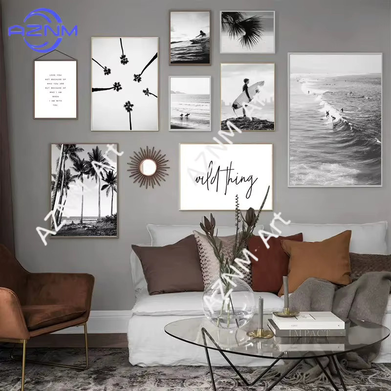 Potdemiel Modernes Poster Strand und Surfen in Schwarz-Weiß, Rahmenloses Papierposter im Querformat - Bild 2