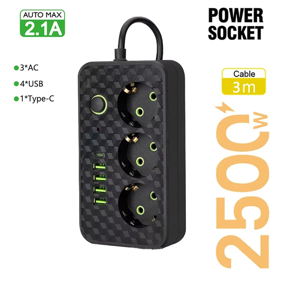 Szaoju Mehrstecker mit 3 Steckdosen, 4 USB-Anschlüssen und 1 USB-C-Anschluss sowie 3 m Verlängerungskabel in Schwarz oder Weiß - Bild 6