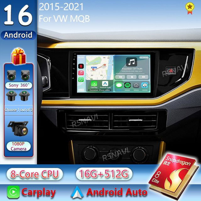 RSNAVI Android 16 Autoradio mit Android Auto und kabellosem CarPlay für VW Volkswagen MQB Polo VI Jetta MK7 T6 Bora in Schwarz - Bild 1