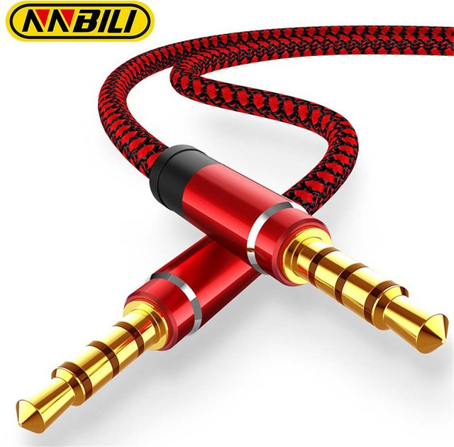 Nnbili Audio-Verlängerungskabel 3,5mm Klinke mit Nylongeflecht, Länge: 1,5 m, Schwarz-Rot - Bild 1