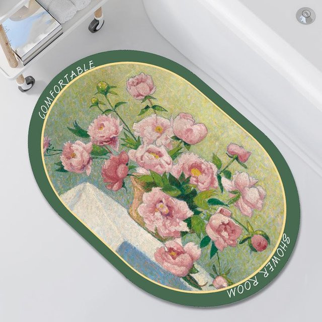 Saugfähige Badezimmerfußmatte von Yiran Furniture mit floralem Ölgemälde-Design, rutschfest und gepolstert, B/B: 40 x 60 cm, Mehrfarbig - Bild 1