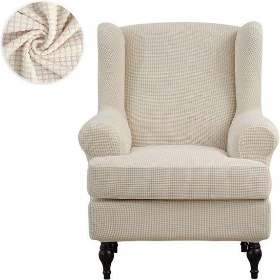 Levivel Dehnbarer Sesselbezug mit Karomuster in Beige für Ohrensessel und Flügelsessel - Bild 1