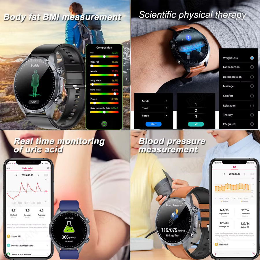 RNABAU Smartwatch für Herren in Schwarz mit Blutdruckmessung und Gesundheitsfunktionen wie Schlaf-Tracking, Puls-Therapie, Harnsäure- und Blutfettmessung sowie Wasserdichtigkeit - Bild 4