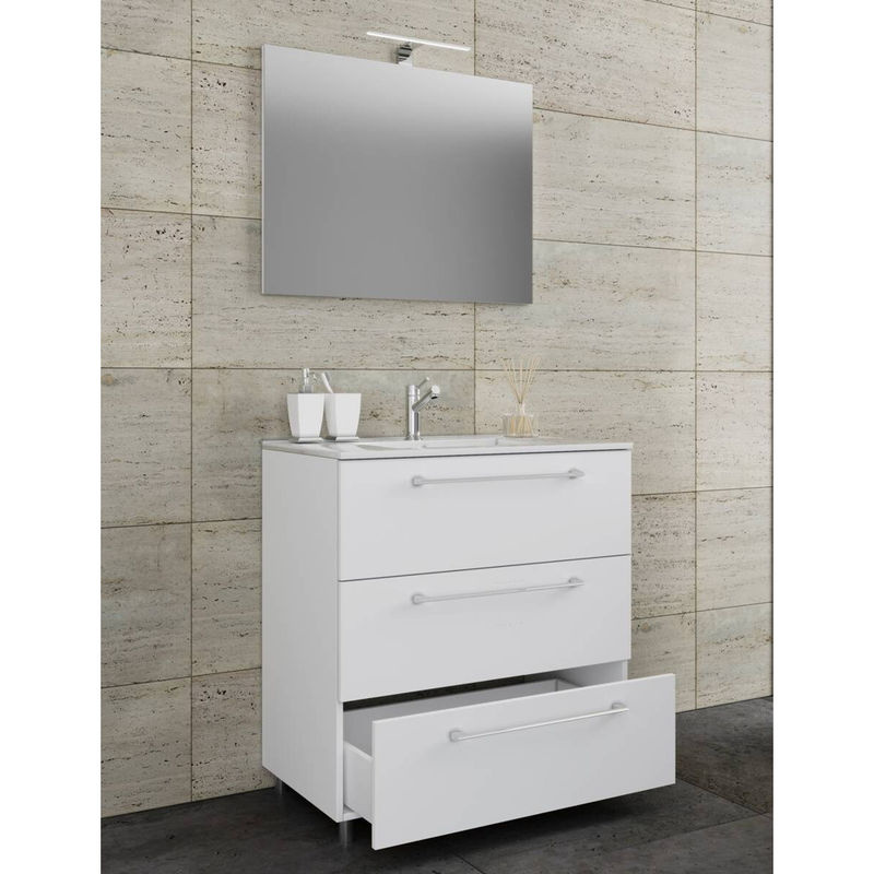 VCM Badmöbel Set Badinos 3-tlg. in Weiß mit Waschbecken aus Keramik, Unterschrank mit 3 Schubladen und Spiegel, Breite: 80 cm - Bild 3