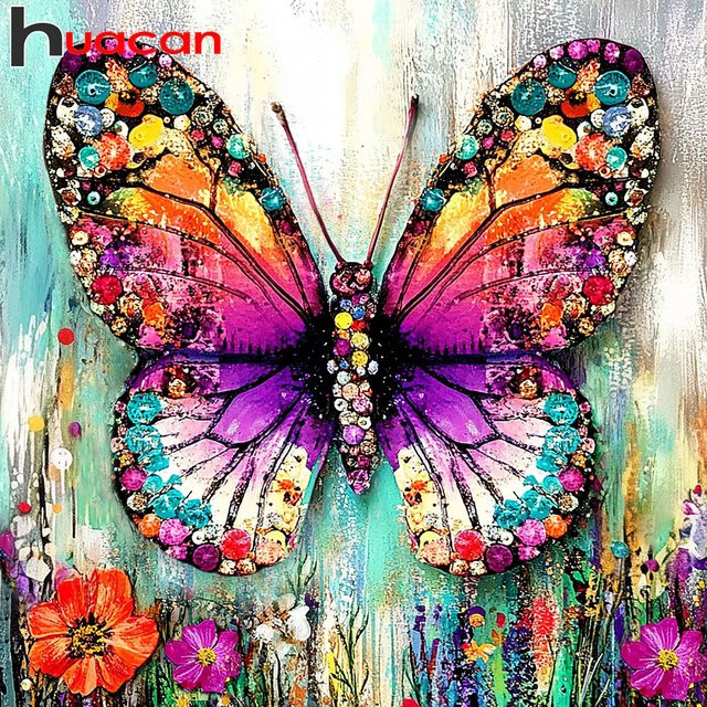Huacan Diamant-Stickerei Set Schmetterlings-Blumen-Motiv in Multicolour, 5D Diamantgemälde quadratisch, B/H: 20 x 20 cm - Bild 1