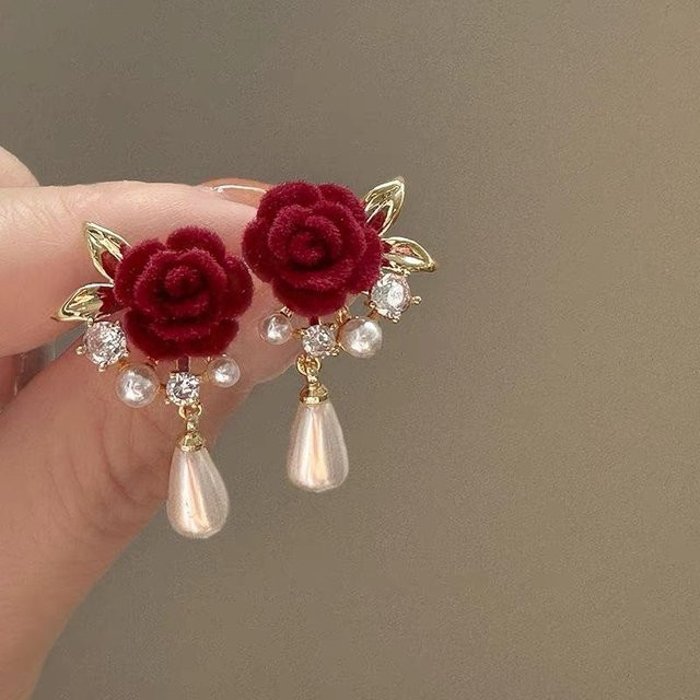 Ohrringe Perle, rote Samt-Rosenblüten, Damen, Gold, Zinklegierung - Bild 1