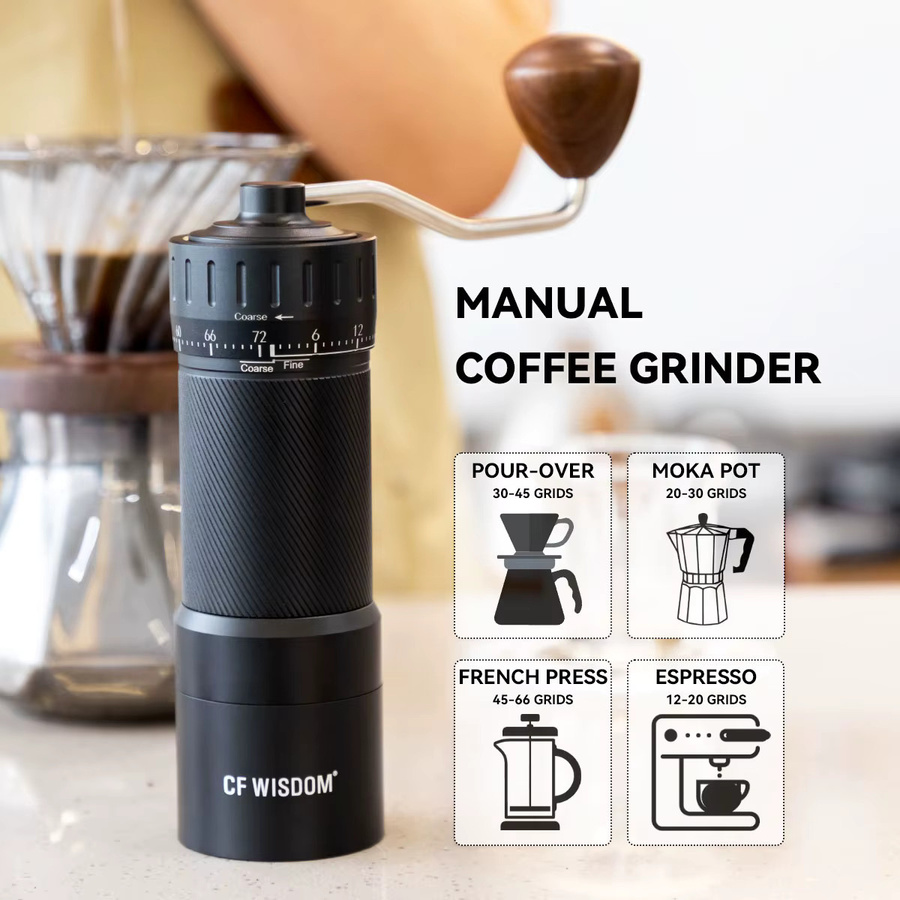 CF Wisdom Handmühle aus Edelstahl mit konischem Mahlwerk und Präzisionseinstellung in Schwarz oder Silber - Bild 2