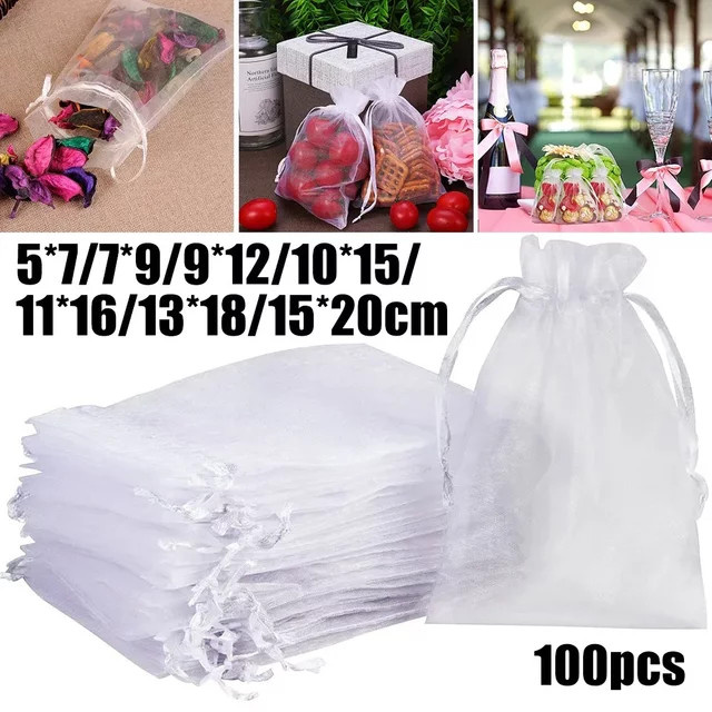 100 Stück weiße Organzabeutel mit Kordelzug zur Schmuckverpackung für Hochzeiten, Partys oder Weihnachten - Bild 1