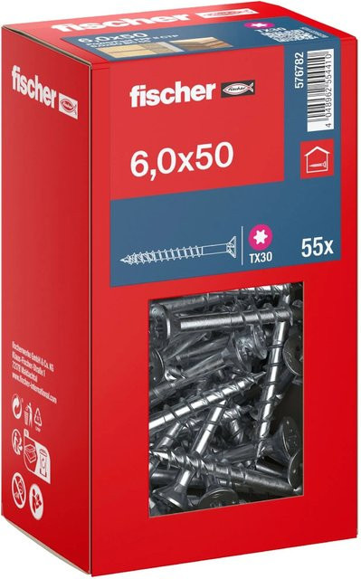 Fischer PowerFast II Senkkopf Schraube mit Torx-Antrieb aus verzinktem Stahl, Teilgewinde, Durchmesser: 6 mm, Länge: 50 mm, 55 Stück - Bild 1