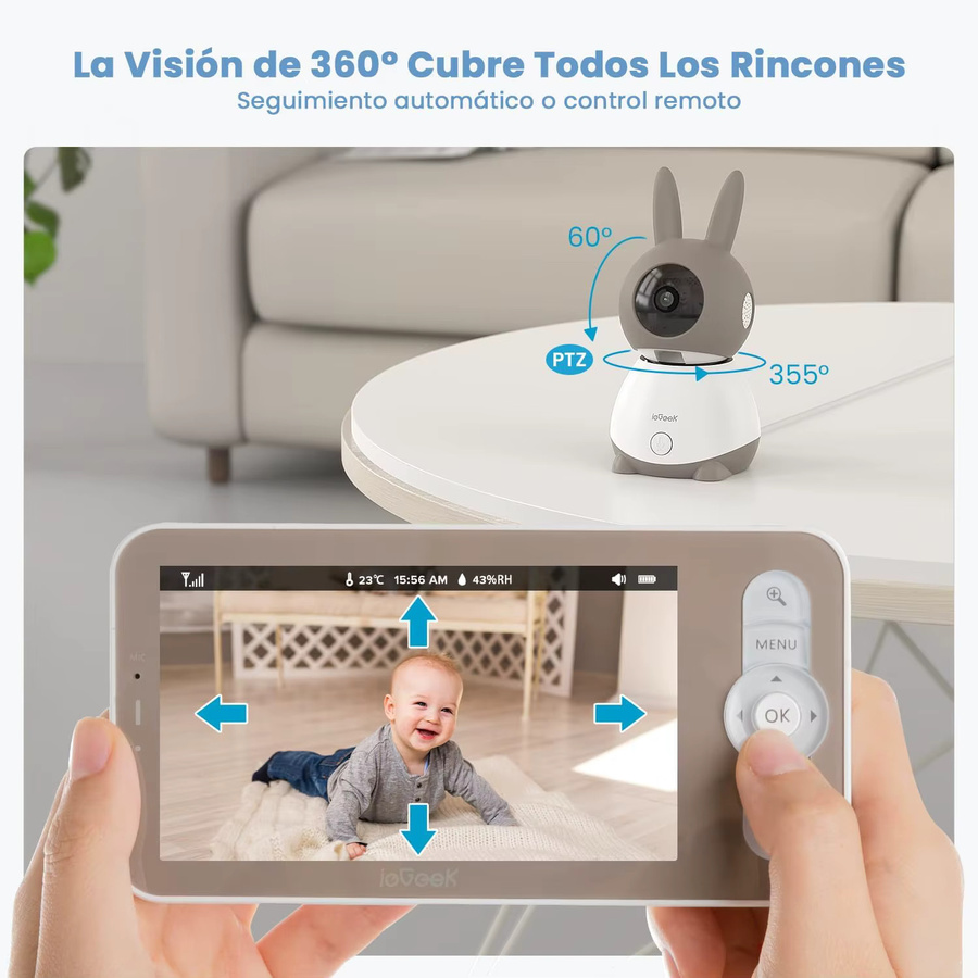 ieGeek 2K/3MP Babyüberwachungskamera mit 5 Zoll Display, 360 Grad PTZ, Dual-Screen-Vorsicht und Bewegungserkennung, Weiß - Bild 3