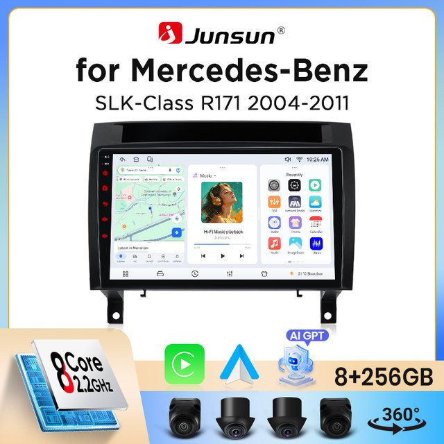 Junsun Wireless CarPlay und Android Auto Autoradio für Mercedes-Benz SLK-Klasse (R171) 2004-2010 in Schwarz mit GPS-Navigation, WiFi, Bluetooth und integriertem Lüfter - Bild 1