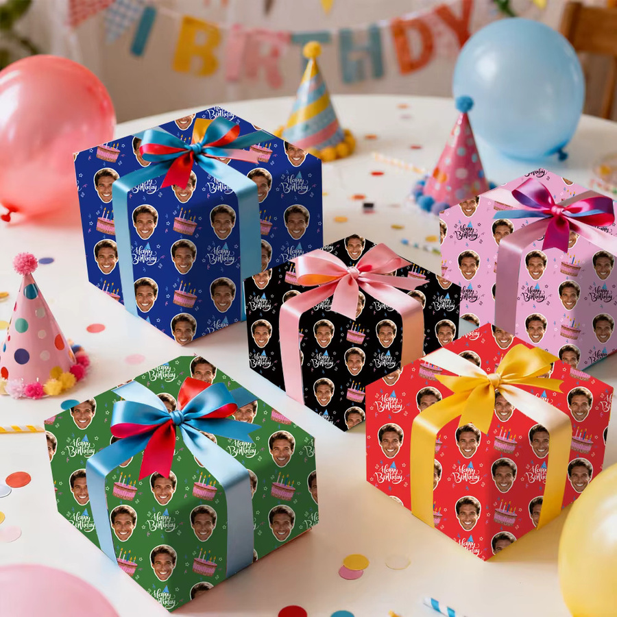 Joy-enlife Personalisierte Geburtstag Geschenkverpackung mit Foto Motiv, Buntes Geschenkpapier für Party Dekoration, 3 oder 6 Stück - Bild 2