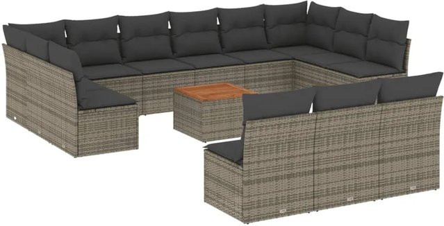 vidaXL 14-tlg. Garten-Sofagarnitur aus Polyrattan in Grau mit Kissen und Tisch - Bild 1
