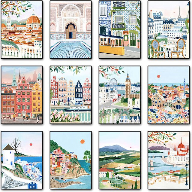 Potdemiel Weltreise Stadtlandschaft Poster Leinwand Wandkunst Motiv Griechenland Italien Florenz Paris Frankreich Mehrfarbig - Bild 1