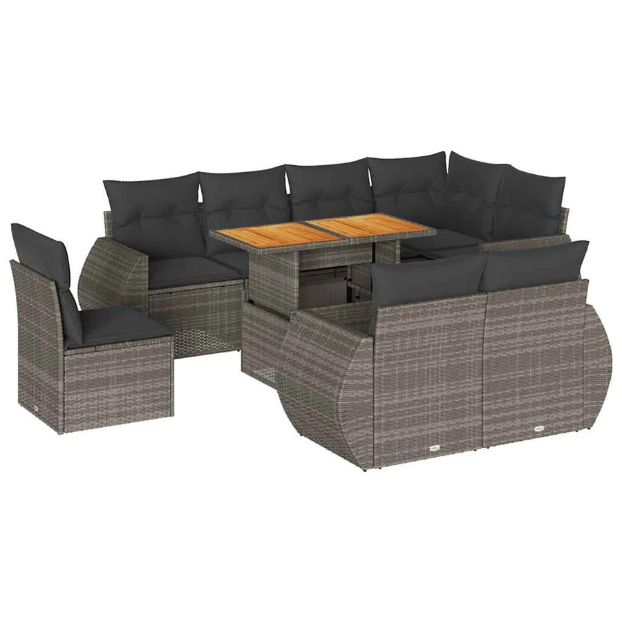 vidaXL 9-tlg. Garten-Sofagarnitur in L-Form aus Poly-Rattan und Akazienholz in Grau mit Kissen - Bild 2